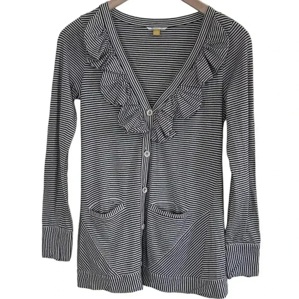 ANTHROPOLOGIE LEIFSDOTTIR Cotton V-neck Ruffle Trim Button- Down Striped Tan and